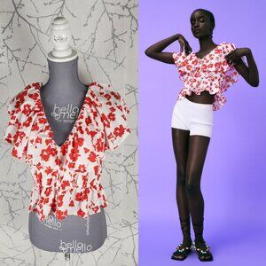 Zara White Red Floral Print Peplum Crop Top